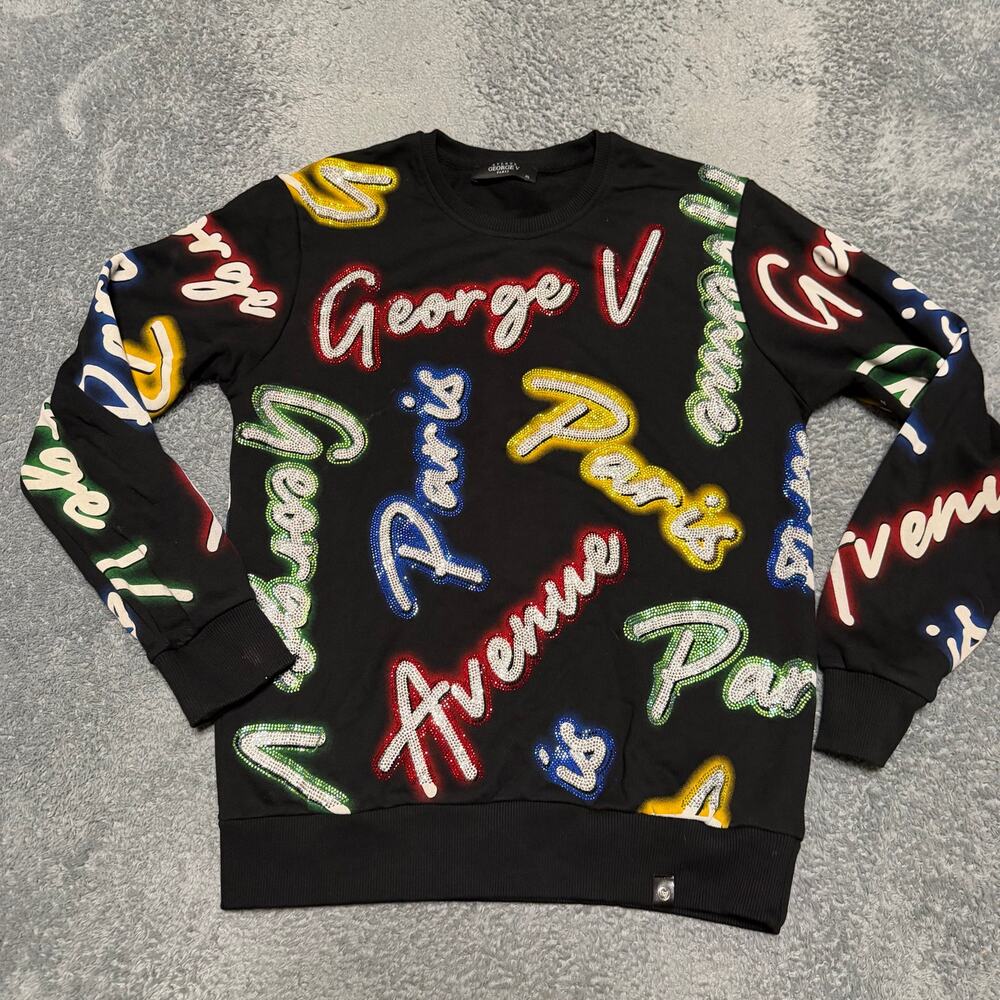 George V Paris Sweatshirt Mens XL All Over Print Rhinestone Logo